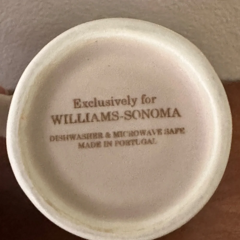 Pair of Williams Sonoma Tea - Coffee Mugs Footed, Beige Color, Ornate Handle